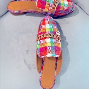 Tory Burch Colorful Plaid Mules with Gold Chain